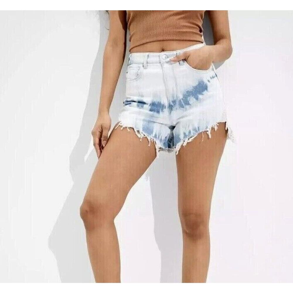 American Eagle Bootie Shorts Sz 4 High Waist Distressed Raw Hem Bleached Denim